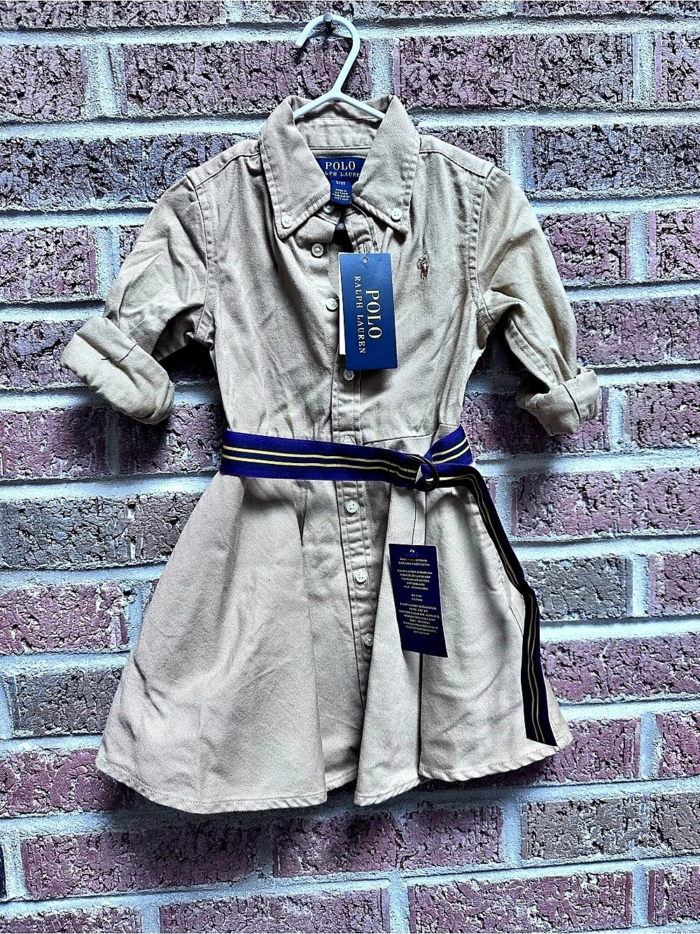 Polo Ralph Lauren Cotton Twill Shirt Dress & Belt Girls 3T Tan & Blue